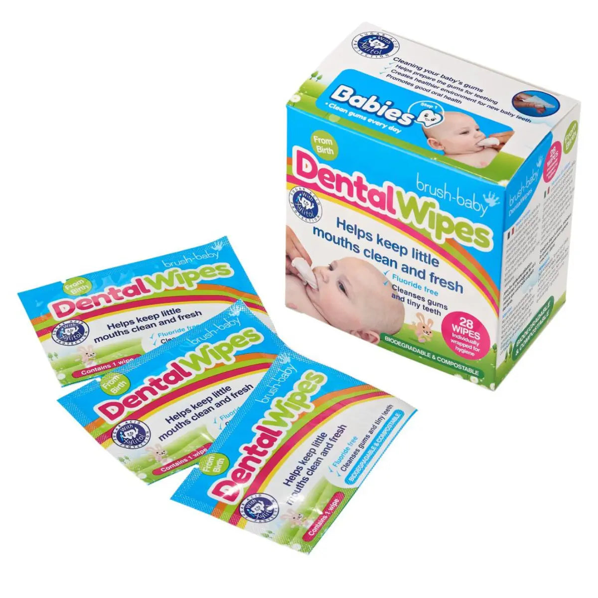 one box of baby dental wipes with a 3 single sachets of baby gum wipes