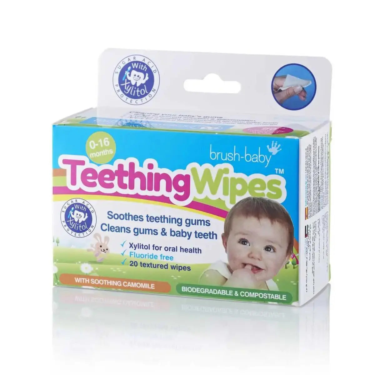 box of finger sleeve wrapped biodegradable & compostable baby teething wipes | teething baby gum wipes