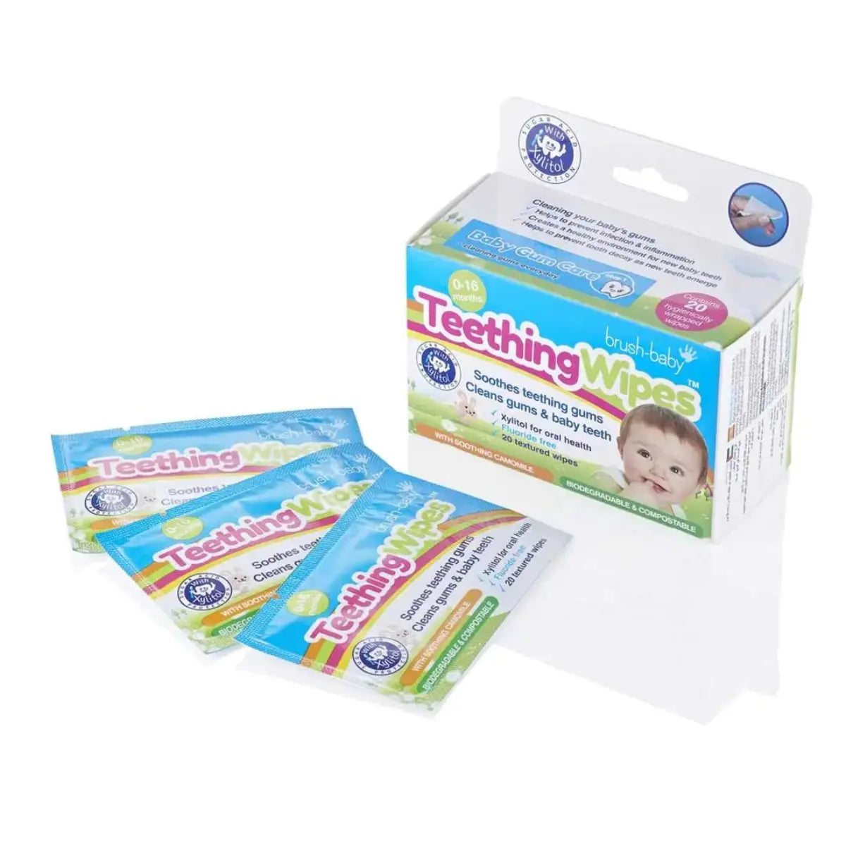 box of finger sleeve wrapped biodegradable & compostable baby teething wipes | teething baby gum wipes