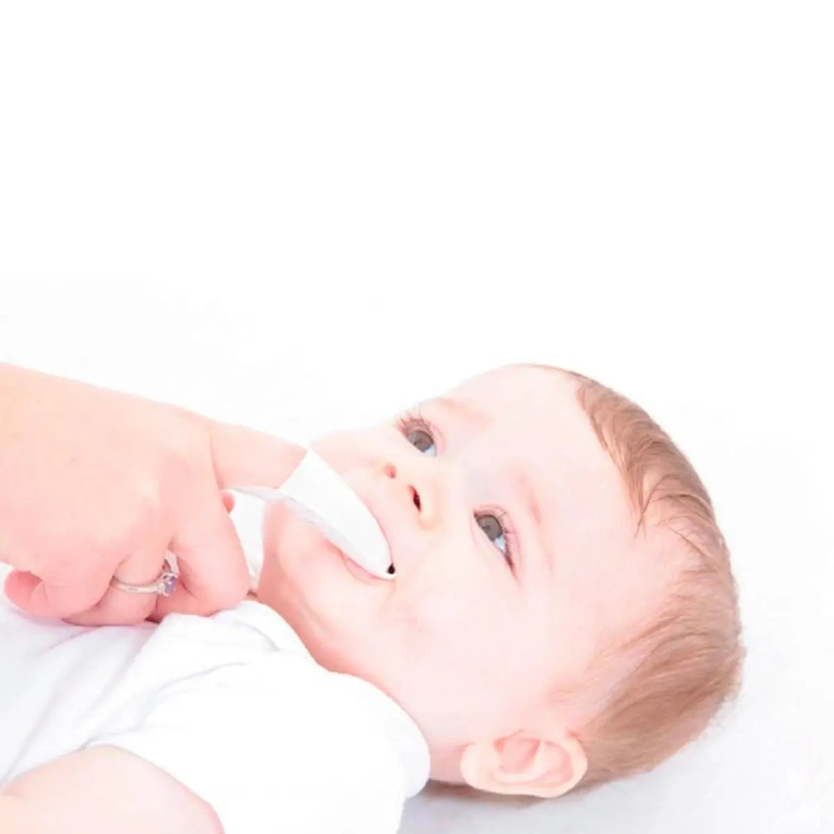 box of finger sleeve wrapped biodegradable & compostable baby teething wipes | teething baby gum wipes by brush baby