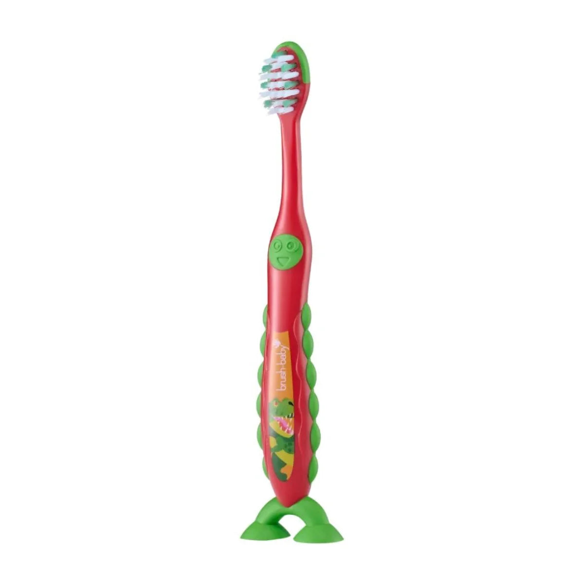 Dex the Dinosaur Deep clean Bristles toothbrush for kids Flossbrush in Red with green sucker feet for children
