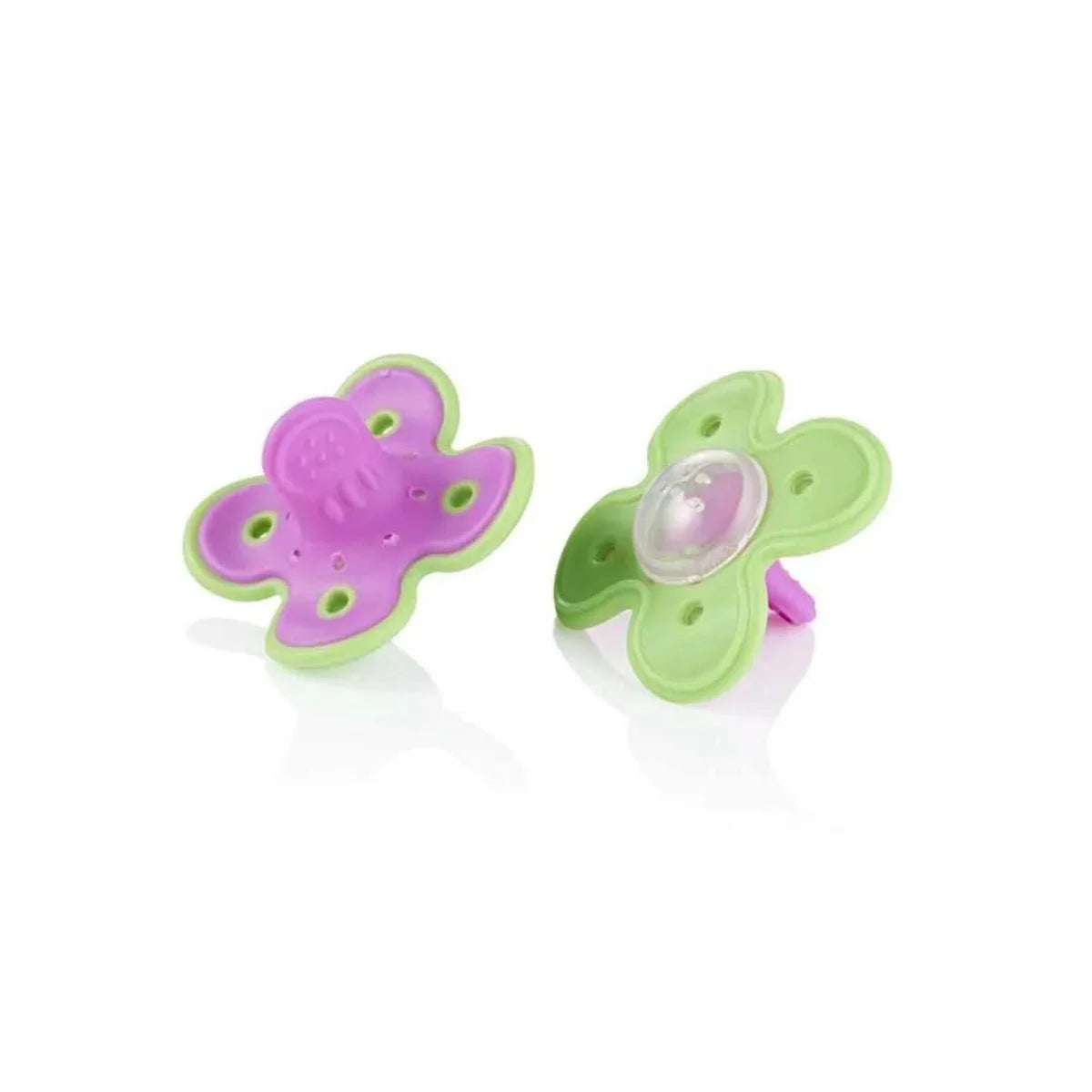 pink and green 2 pack of molar munch baby teethers for teething symptoms