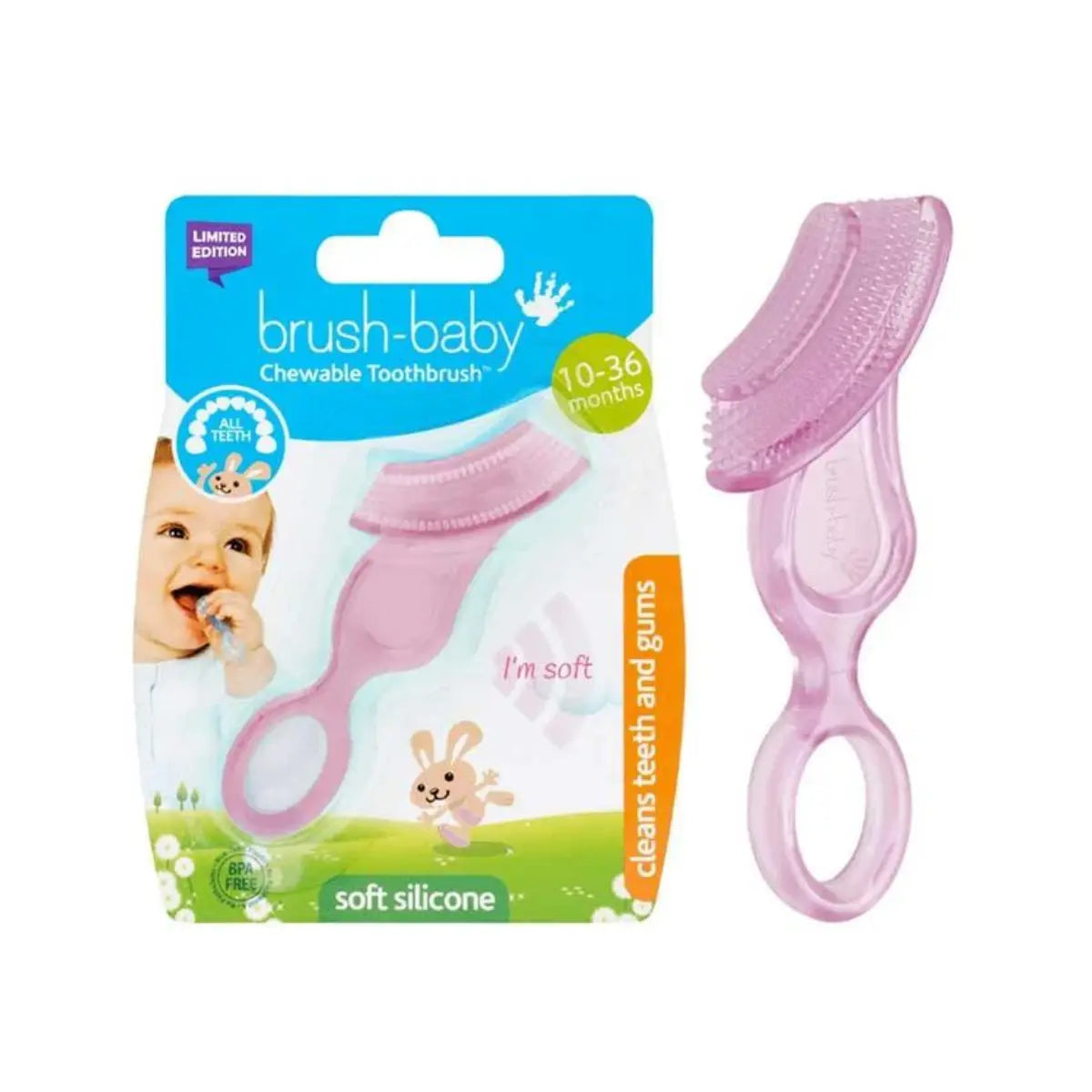 Pink Chewable first baby toothbrush and baby teether