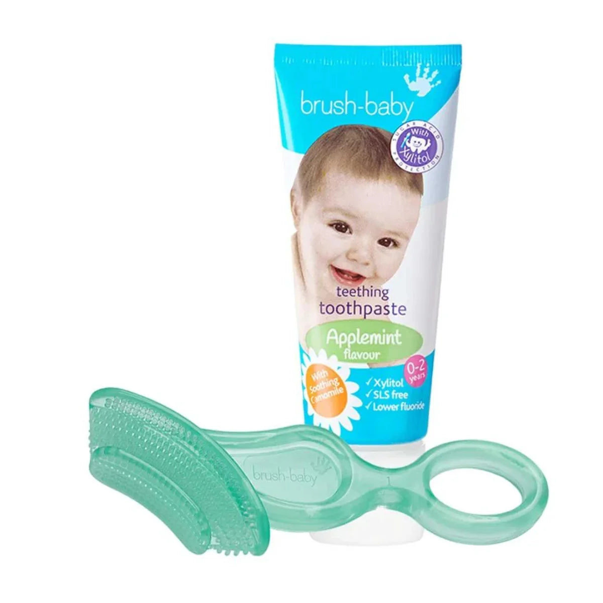 BrushBaby Chewable baby first toothbrush and teething baby toothpaste set