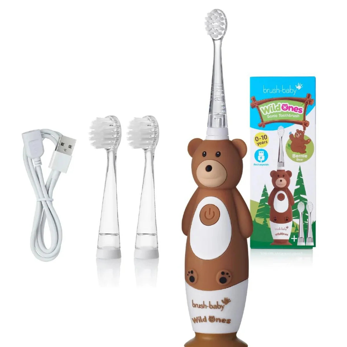 WildOnes brown and white bernie bear kids electric rechargeable toothbrush for children with box packaging and kids electric toothbrush replacement brush heads