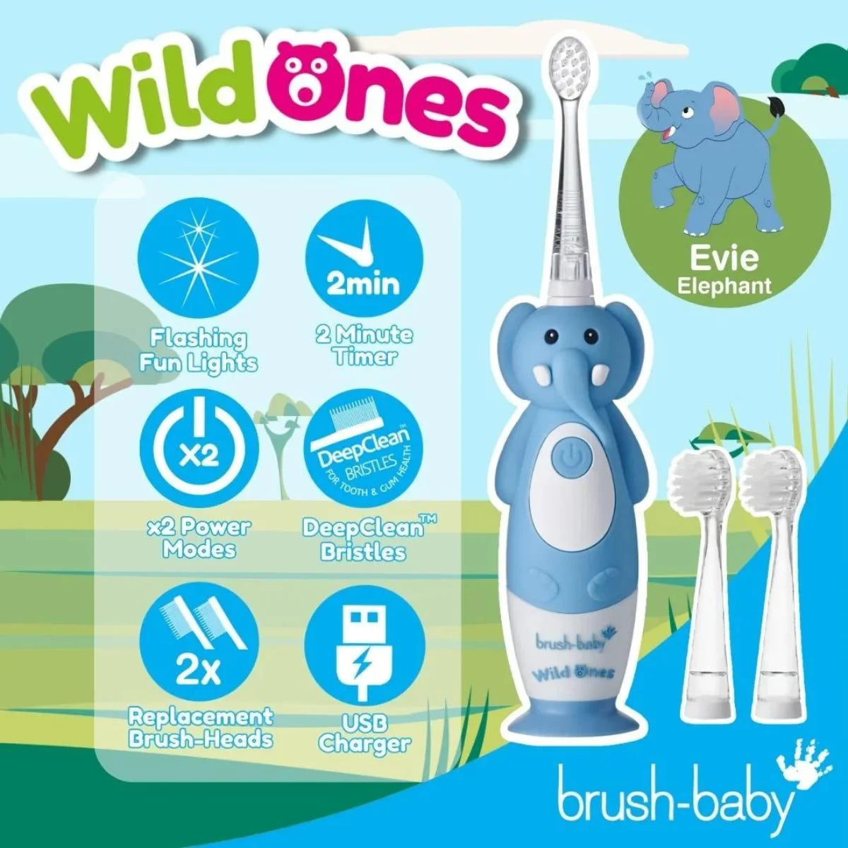 brushbaby WildOnes Elephant Kids Electric Rechargeable Toothbrush for children