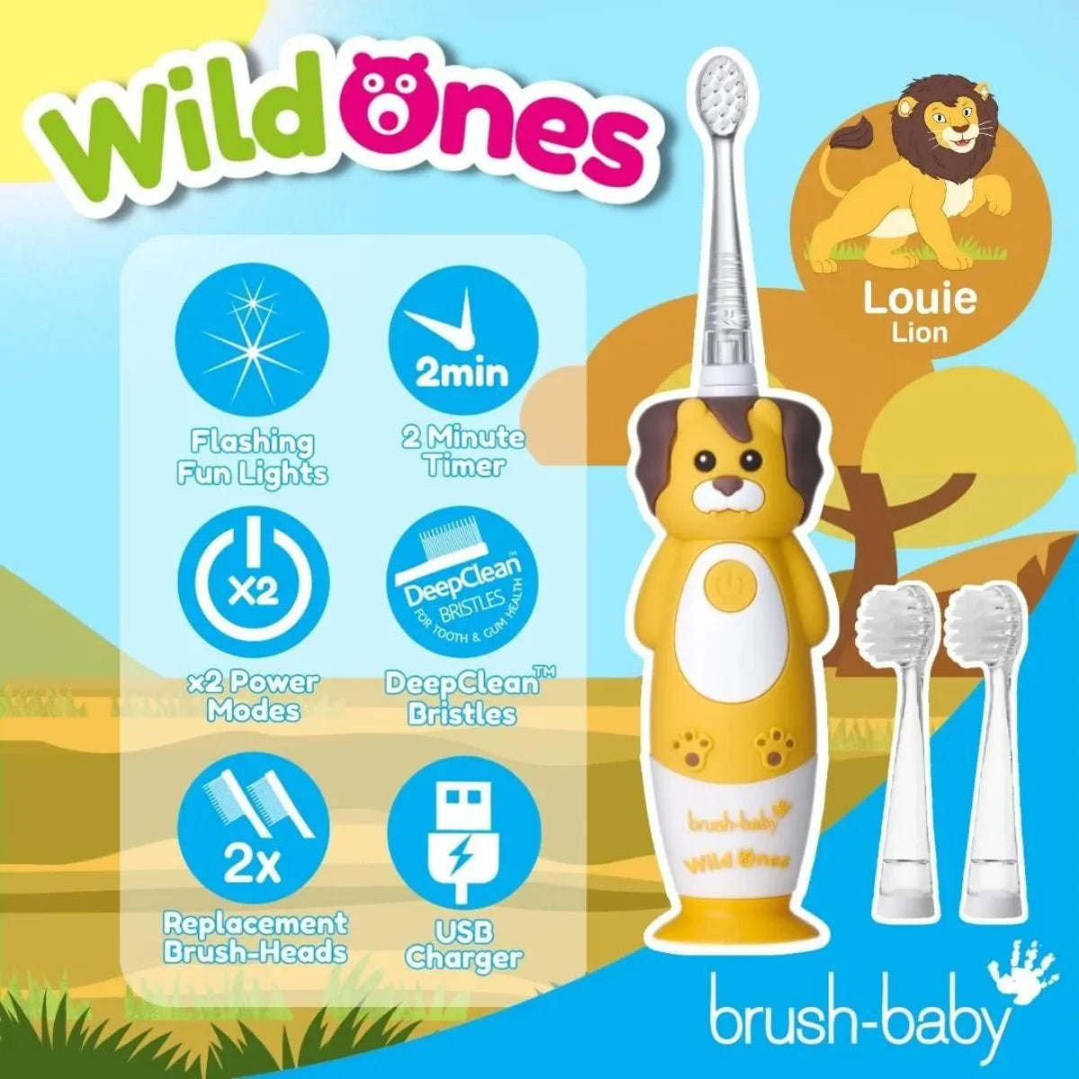 BrushBaby WildOnes Lion child Rechargeable Electric Toothbrush with timer