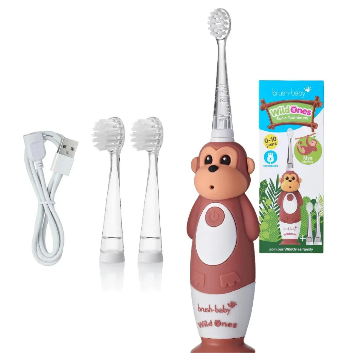 brushbaby brown with white mya monkey wildones kids rechargeable electric toothbrush with usb cableand deep clean bristle replacement brush heads