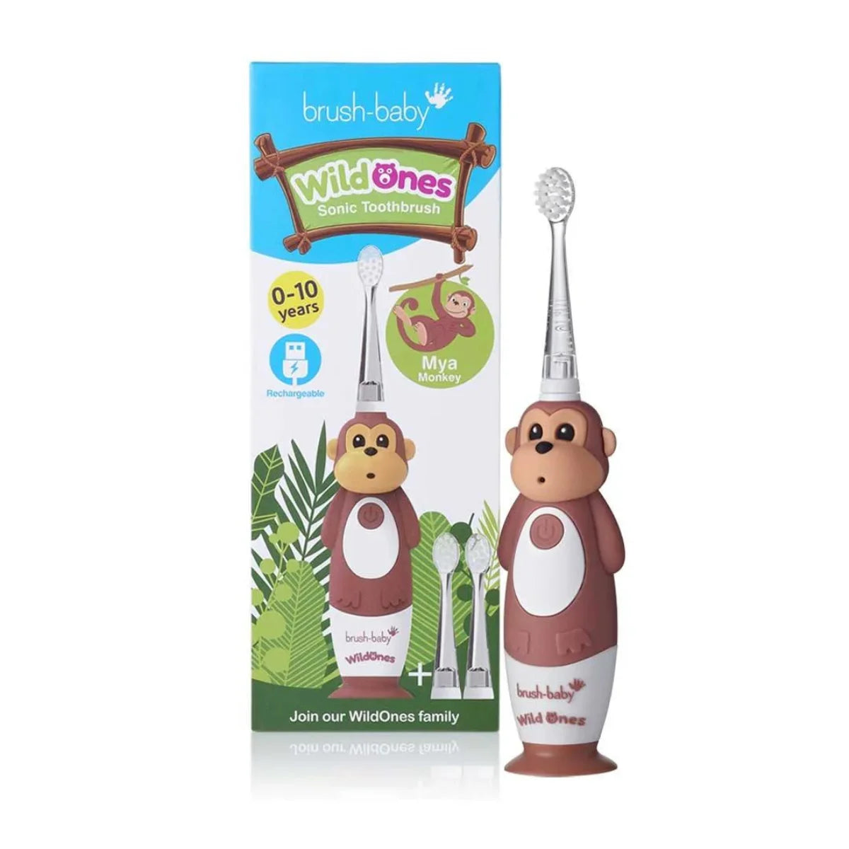 Brushbaby brown and white Mya Monkey WildOnes kids Rechargeable toothbrush
