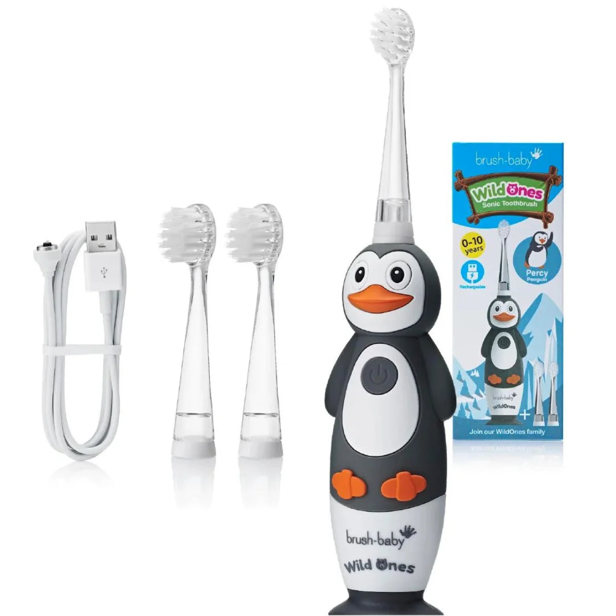 WildOnes Tribe grey and white percy penguin child electric rechargeable toothbrush with box packaging, replacement kids toothbrush heads and usb charging cable