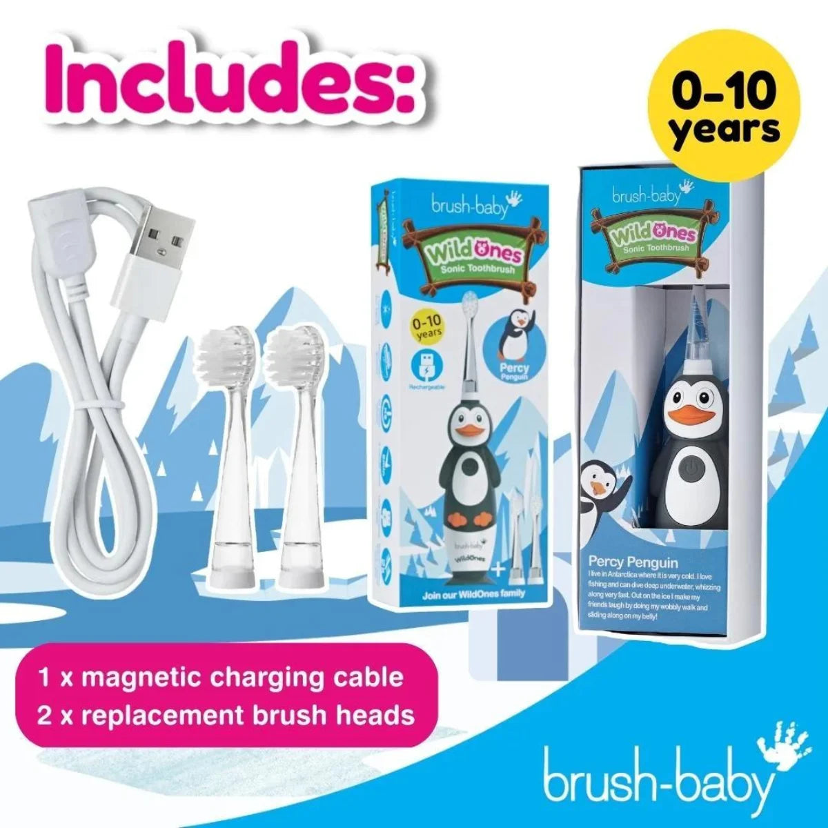 BrushBaby WildOnes Penguin Kids Electric Rechargeable Toothbrush for toddlers
