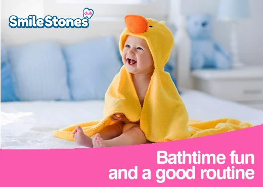 child in duck towel bathtime fun and good routine | Brush Baby childrens toothbrushes and baby toothpaste