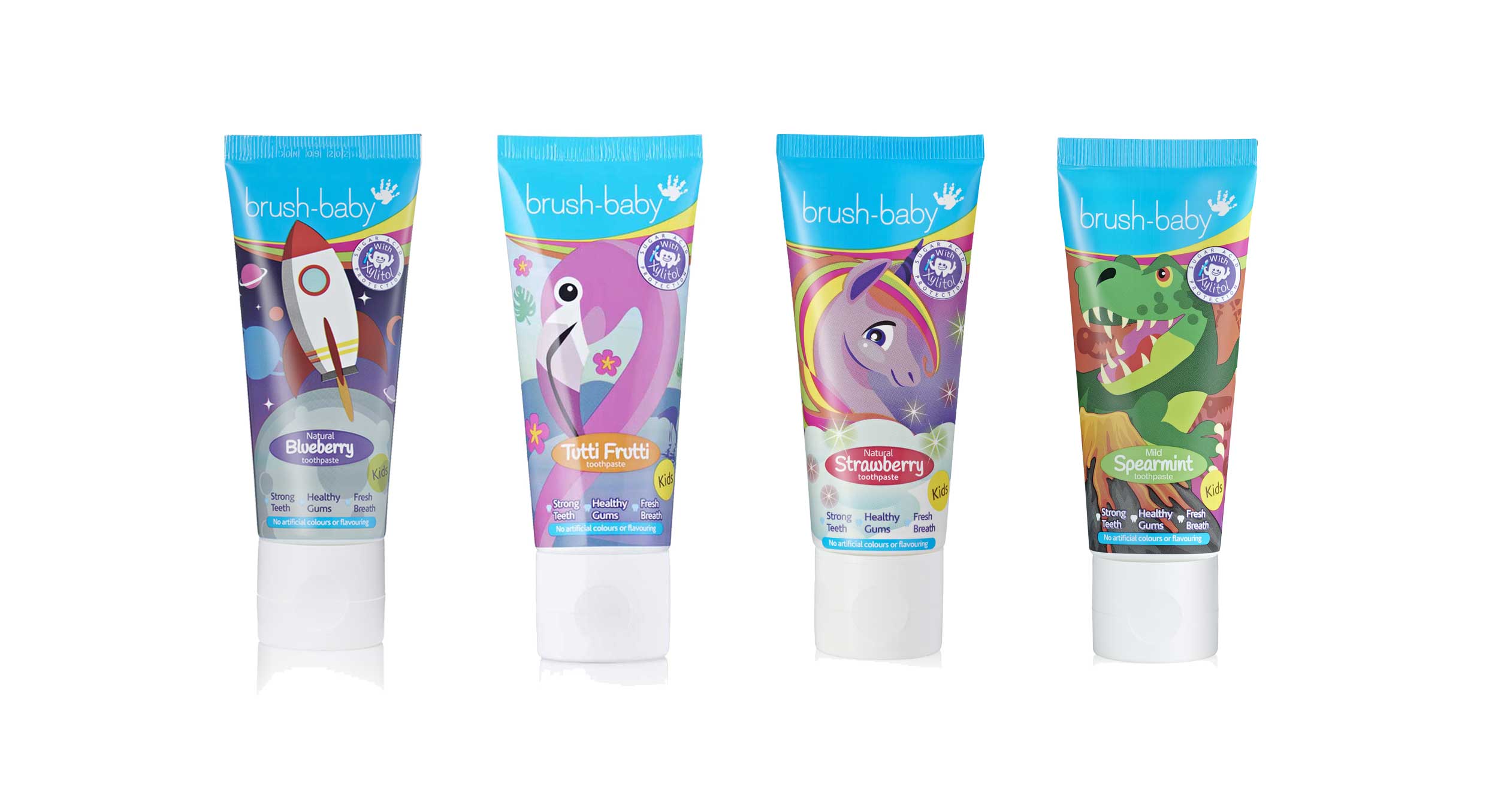 flavoured toothpaste for children by brushbaby in natural blueberry, natural strawberry, tutti-frutti and mild spearmint