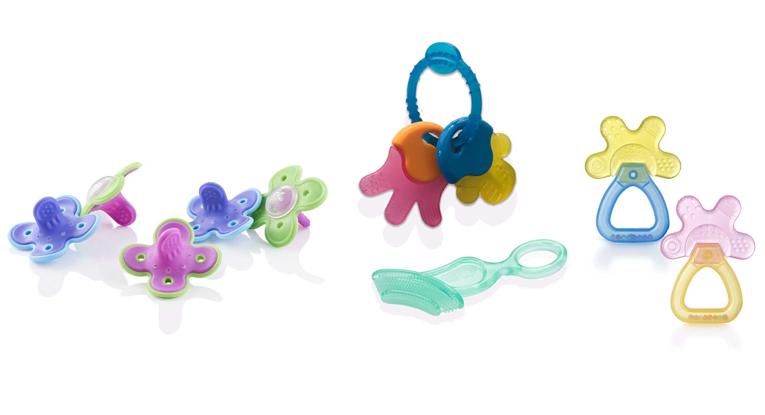 full range of brush-baby teething sets and blue and pink molar munch, teal chewable teether, blue yellow and orange pink cool and calm rattle and cool and calm pink blue teething keys teethers 