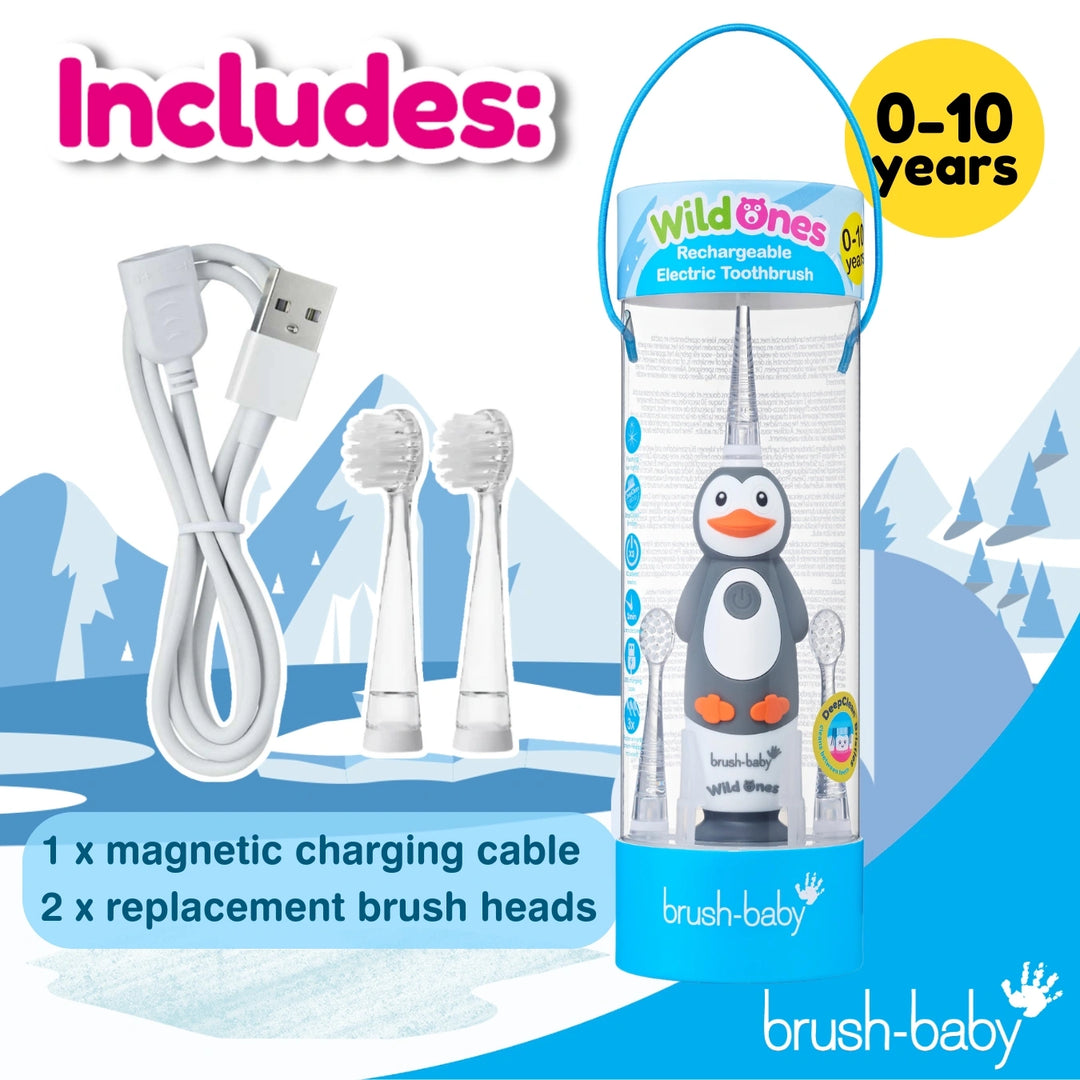 wildones penguin kids electric toothbrush | toddler toothbrush | childrens electric toothbrush | brush-baby 