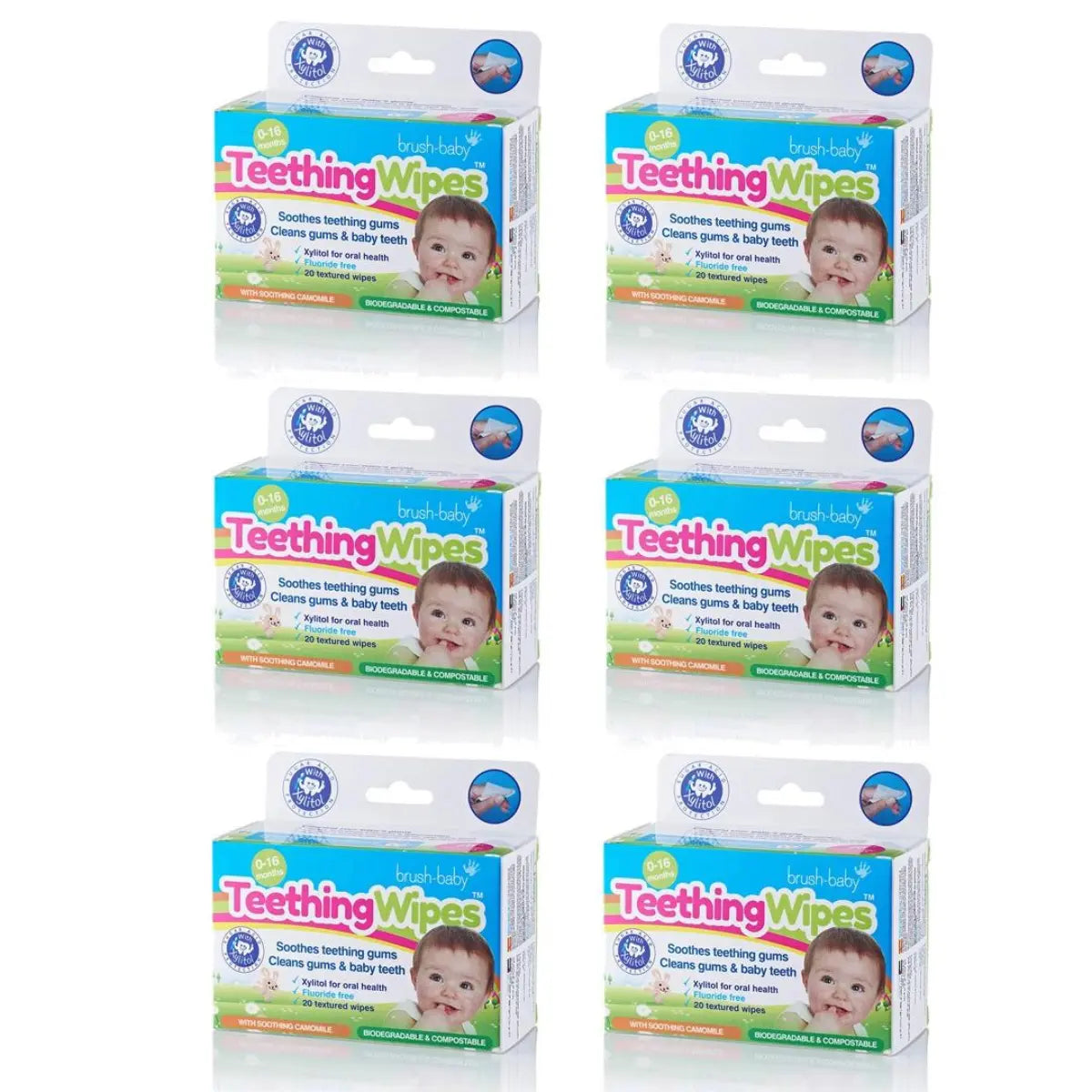 box of finger sleeve wrapped biodegradable & compostable baby teething wipes | teething baby gum wipes