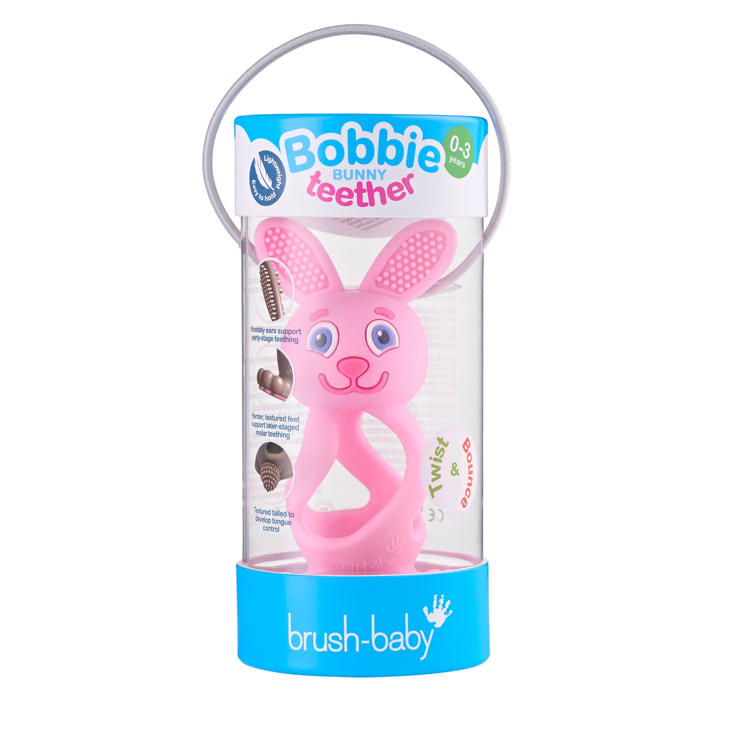 Brush Baby Bobbie Bunny Baby Teether Toy Rose Pink | Twist & Bounce Teething Toy