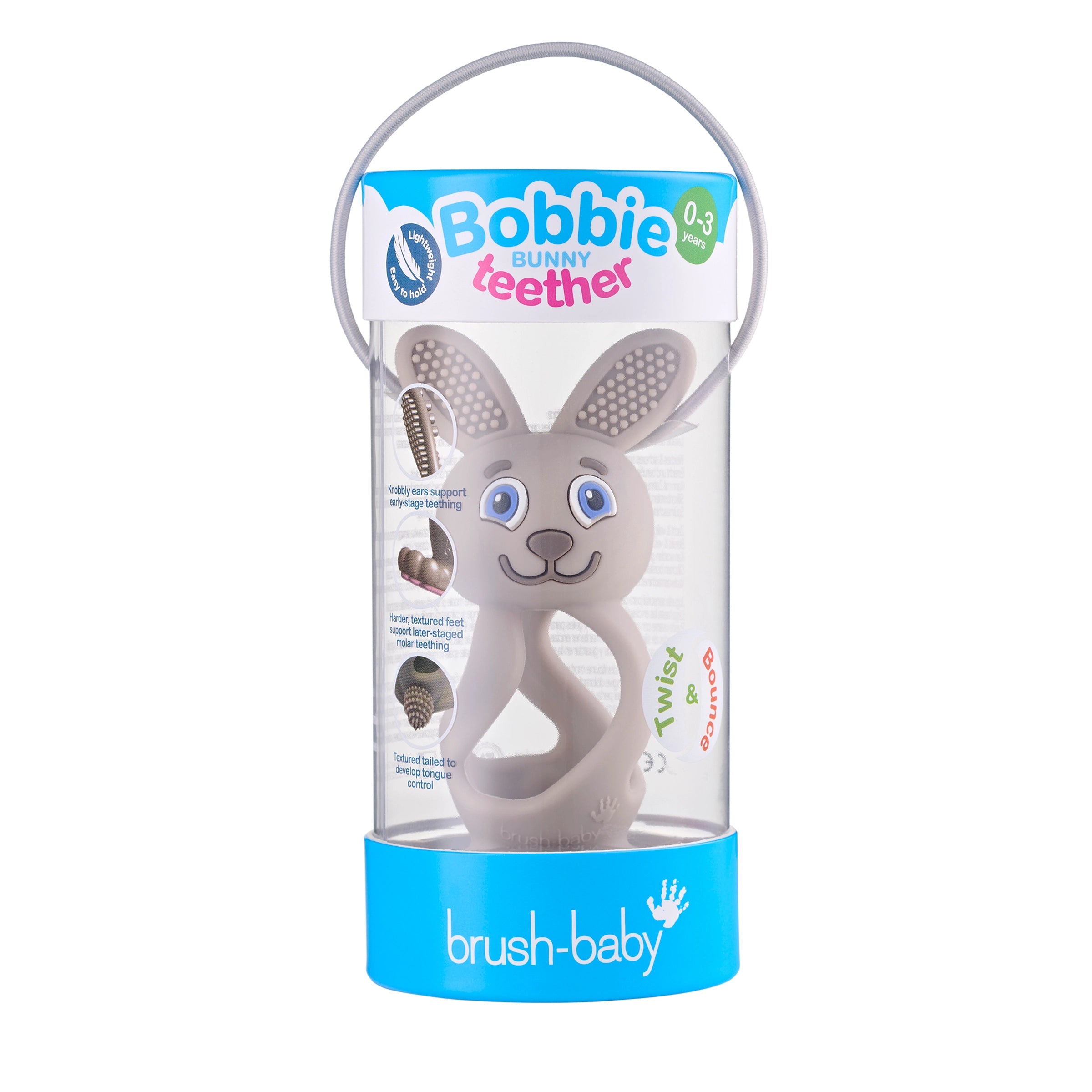 Brush Baby Bobbie Bunny Baby Teether Toy Cappuccino Grey | Twist & Bounce Teething Toy