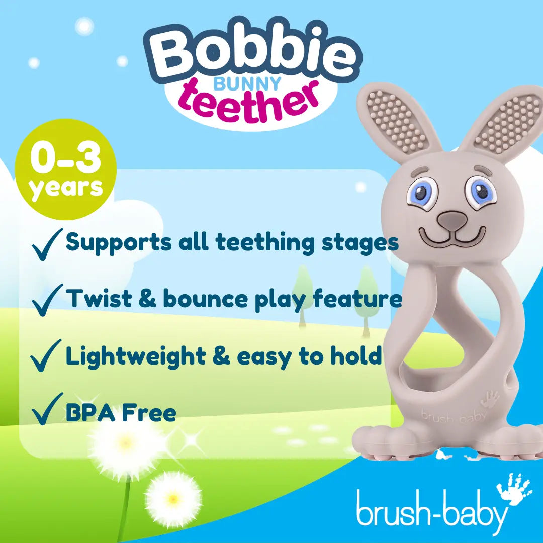 Brush Baby Bobbie Bunny Baby Teether Toy Cappuccino Grey | Twist & Bounce Teething Toy