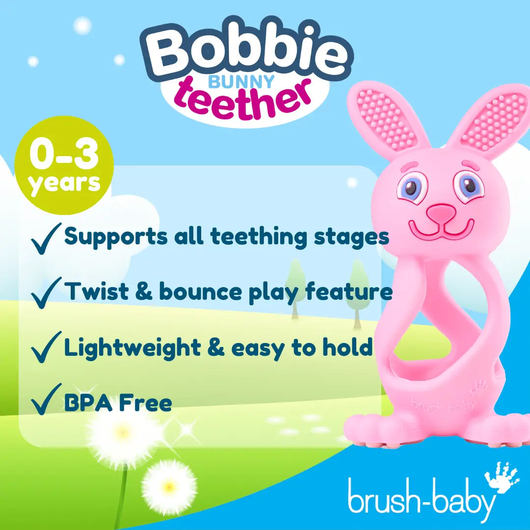 Brush Baby Bobbie Bunny Baby Teether Toy Rose Pink | Twist & Bounce Teething Toy