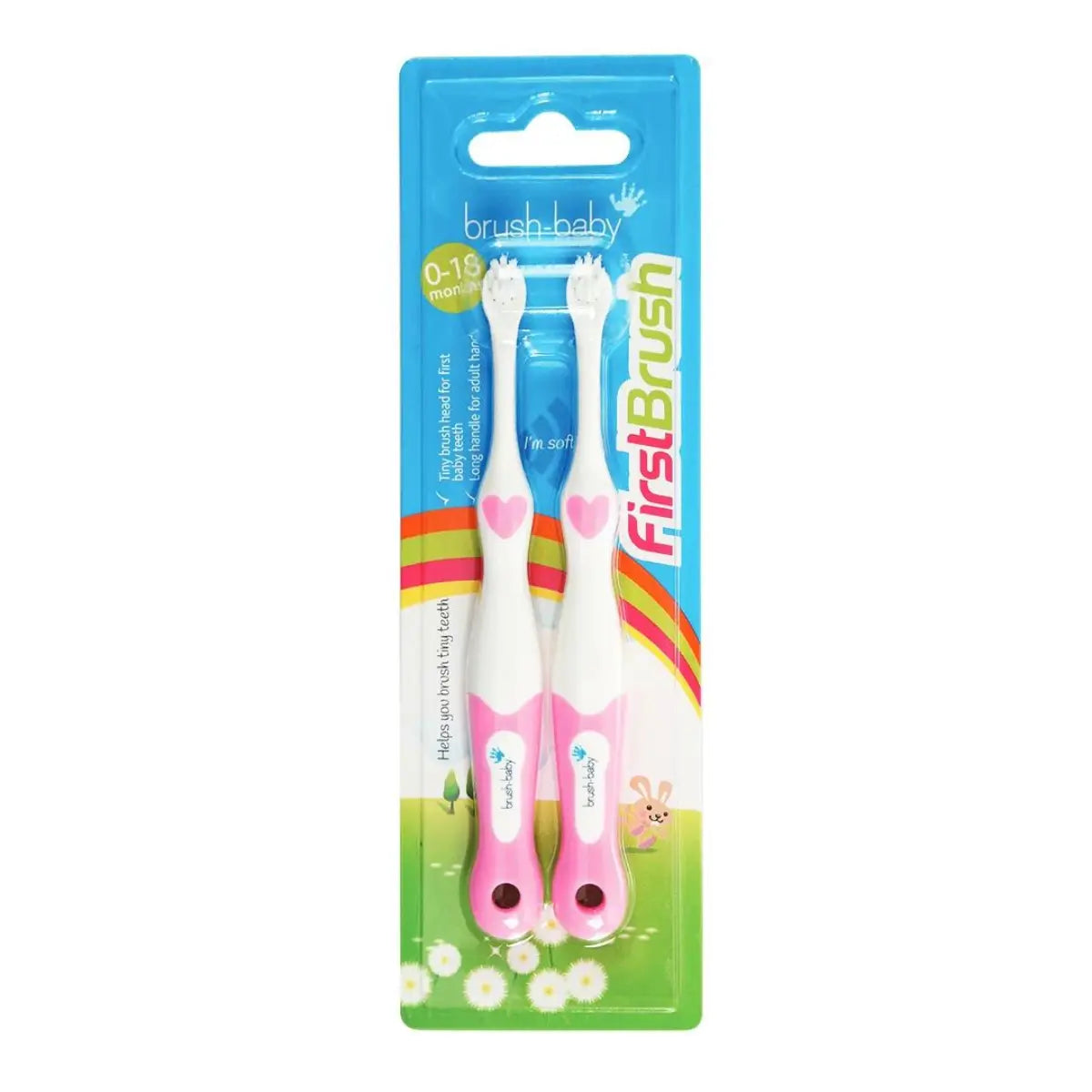 Pink firstbrush first toothbrush for babies and toddlers packaging