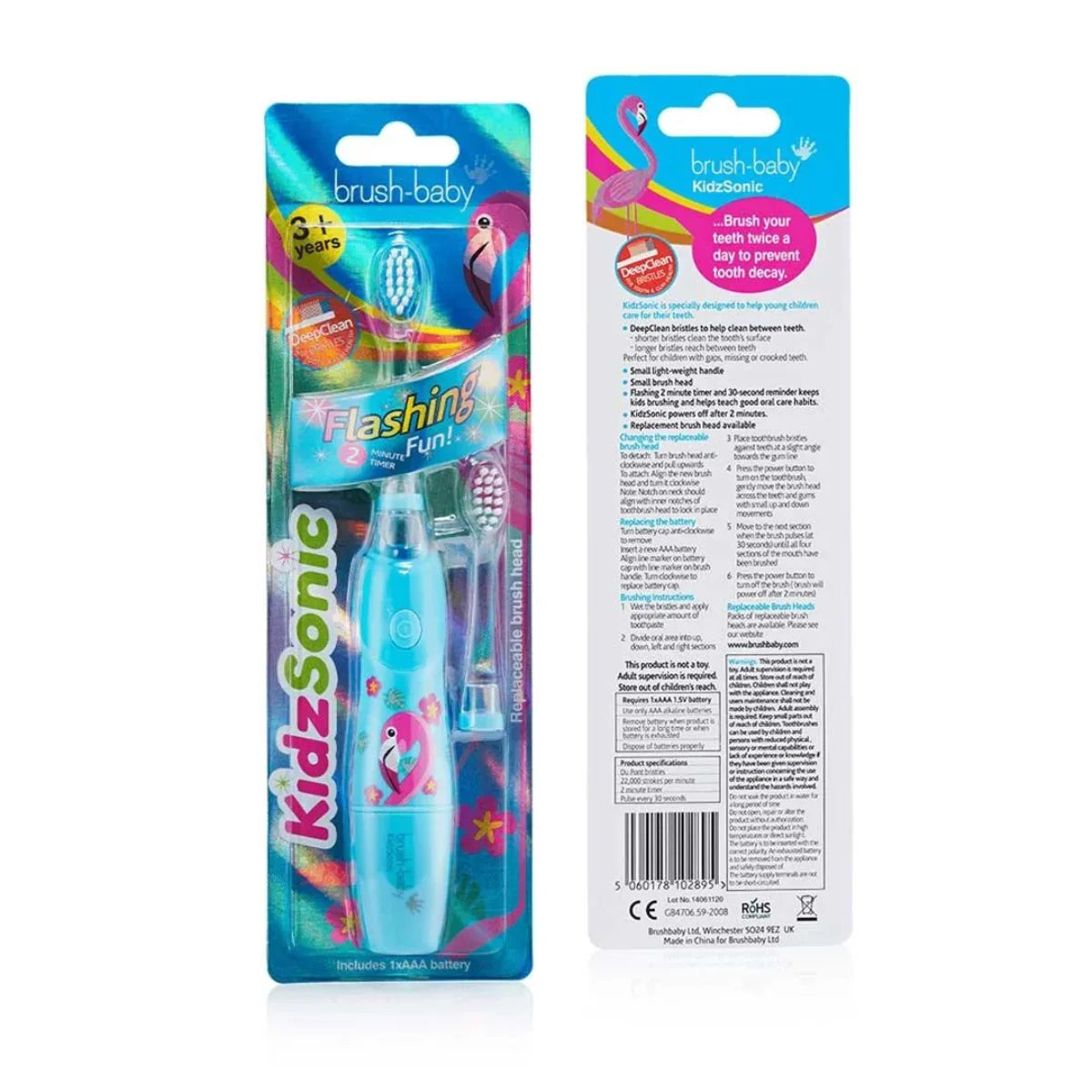 Fabio Flamingo Electric Toothbrush for kids  with replacement brush head  packaging