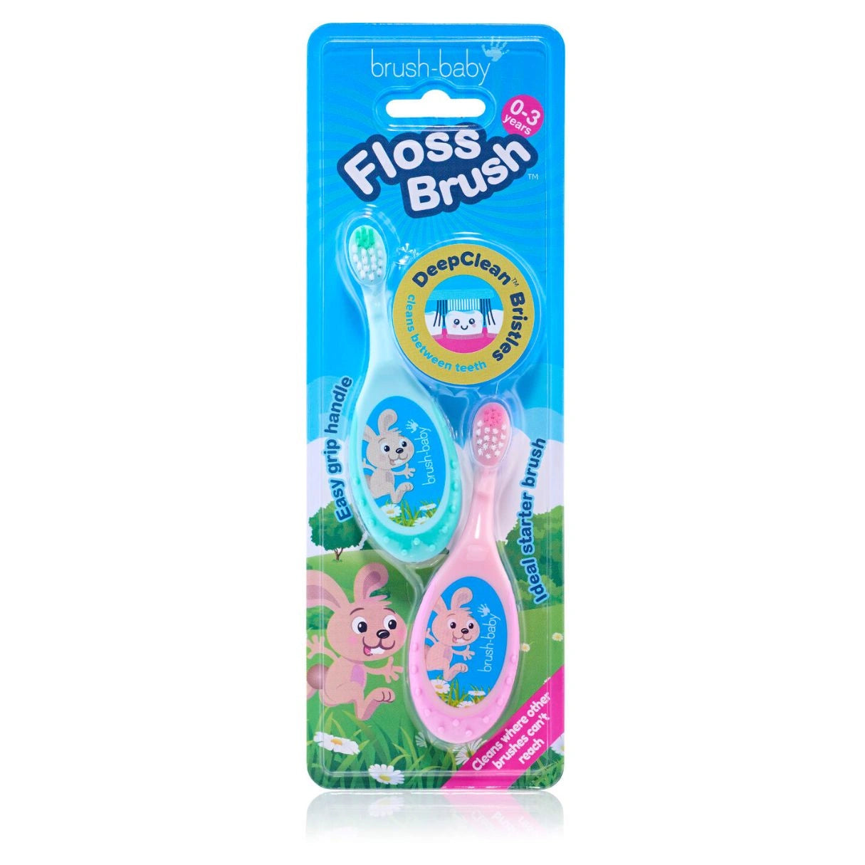 FlossBrush™ Baby Bristles Toothbrush (0-3 Years) Double Pack - Pink & Teal