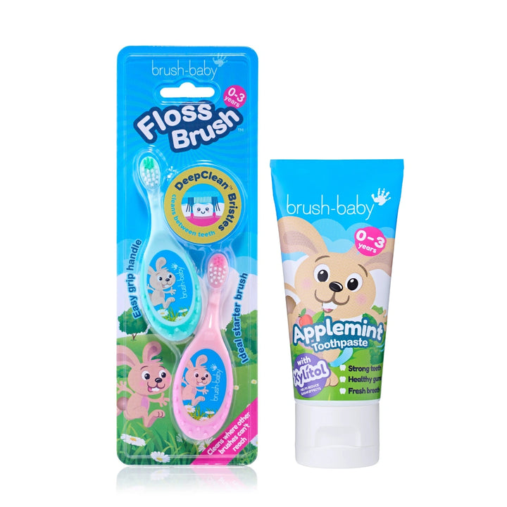 FlossBrush™ Baby Bristles Toothbrush (0-3 Years) Double Pack Pink & Teal With Applemint Baby Toothpaste