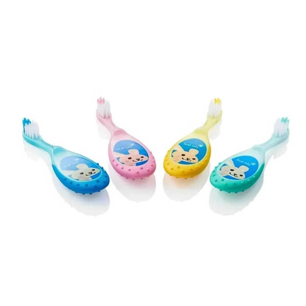 multi pack of wide handle flossbrush baby soft bristles toothbrushes in blue, pink, yellow and teal