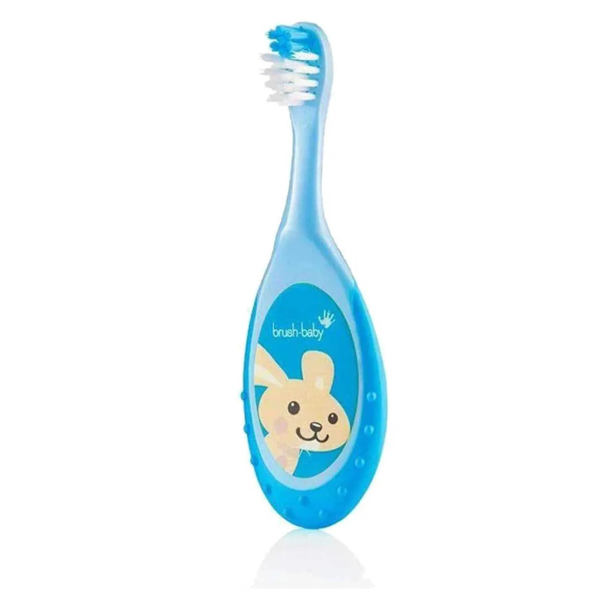 wide and easy to grip handle blue flossbrush first baby toothbrush with deep clean bristles