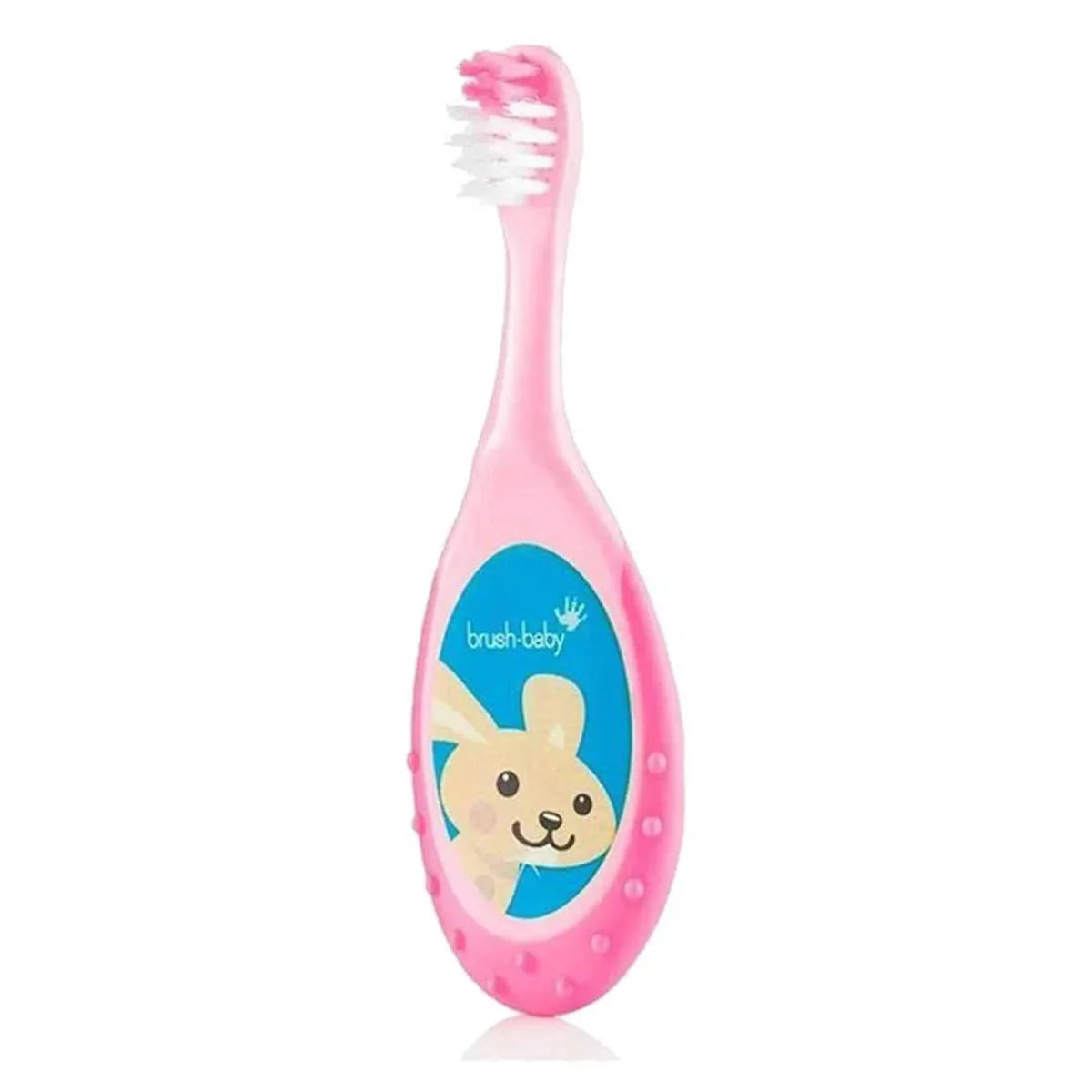 single pink flossbrush baby first toothbrush with blue label for 0-3 years