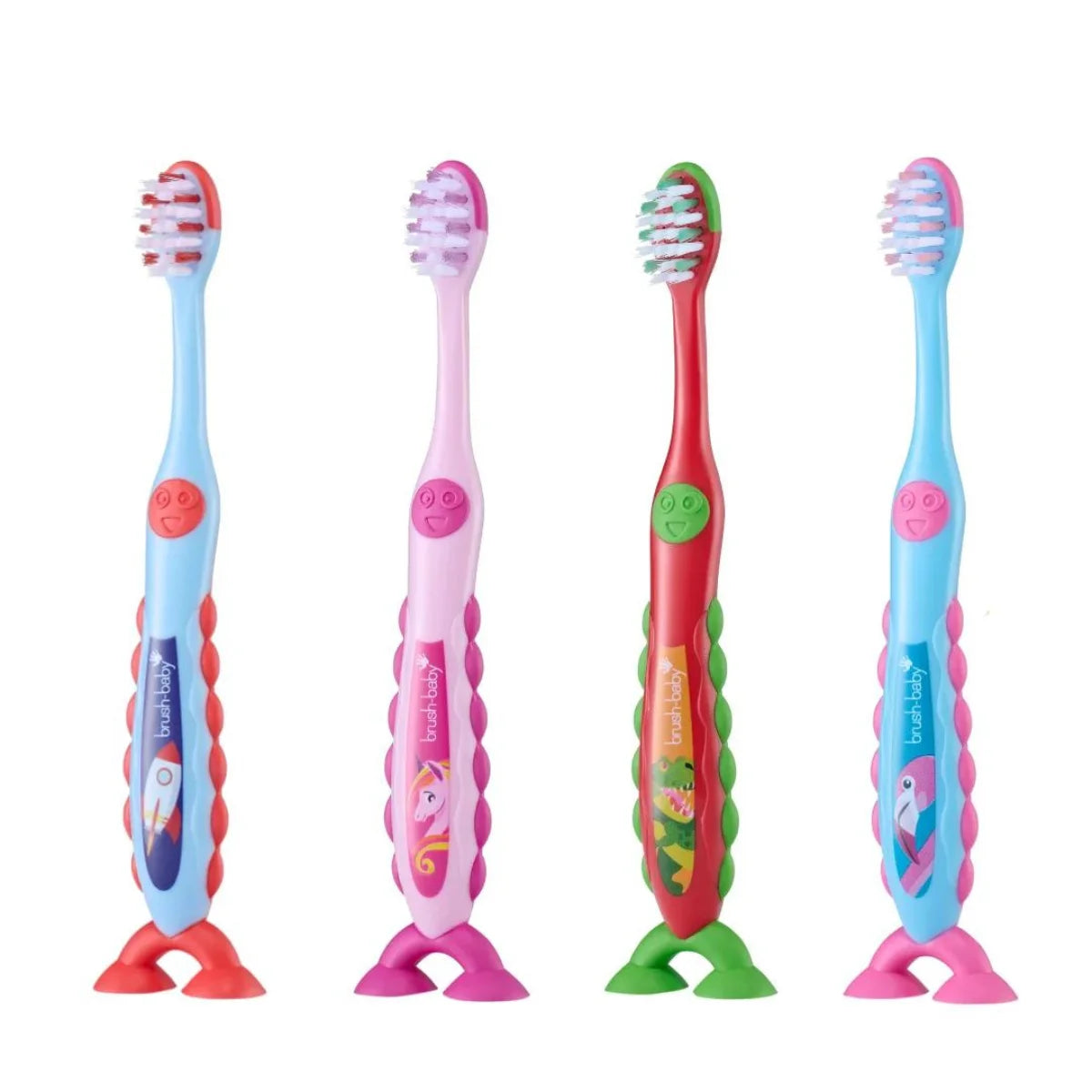 Brush-baby best toddler toothbrush flossbrush for 3-6 year old children in the following characters Jett the Rocket, Flossy the Unicon, Dex the Dinosaur and Fabio the Flamingo