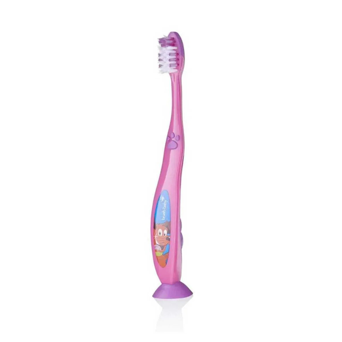 Pink manual floss toothbrush for children 6 years and older with purple time, deep cleaning bristles toothbrush and sucker feet