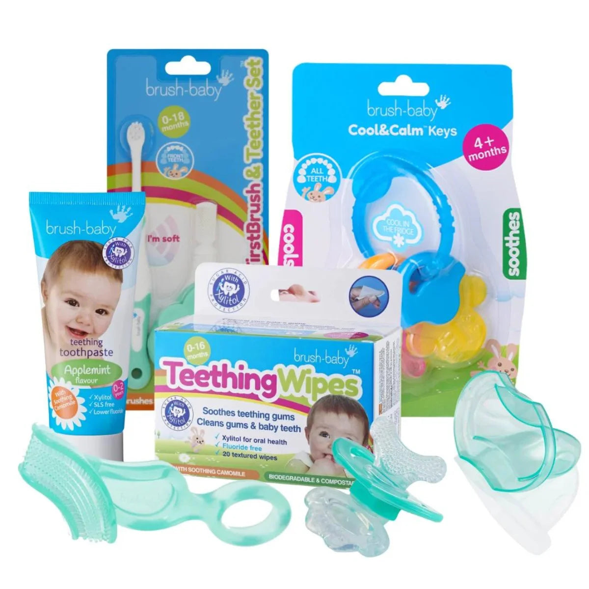 ultimate teething survival kit includes pack of brush baby teething wipes, frontease teal baby teether, teal coloured chewable first baby toothbrush & teether for babies, applemint teething baby toothpaste, cool&calm teething keys and teal and white coloured first toothbrush and teether set