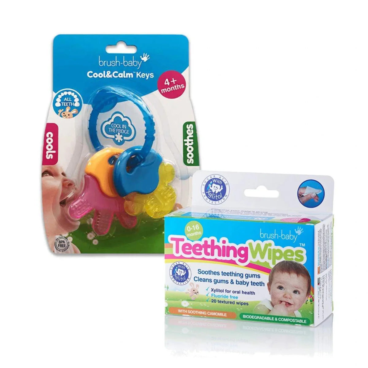 Cool and Calm baby teething keys and box of baby teething wipes for teething toddlers