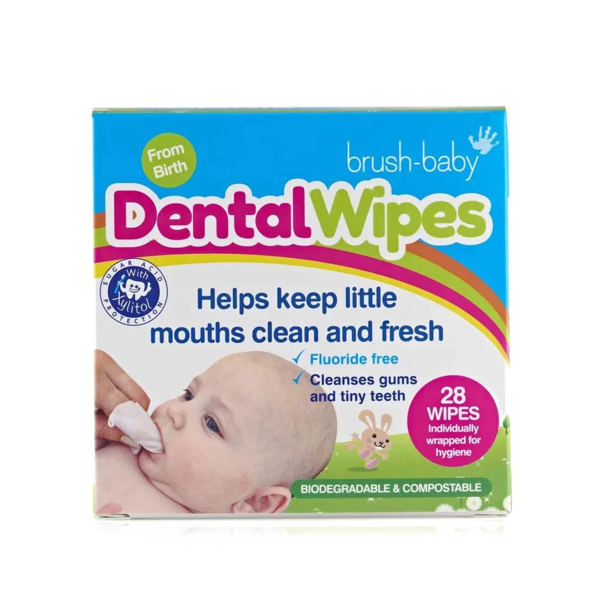 single of box of baby dental wipes included in the baby-on-the-go bundles