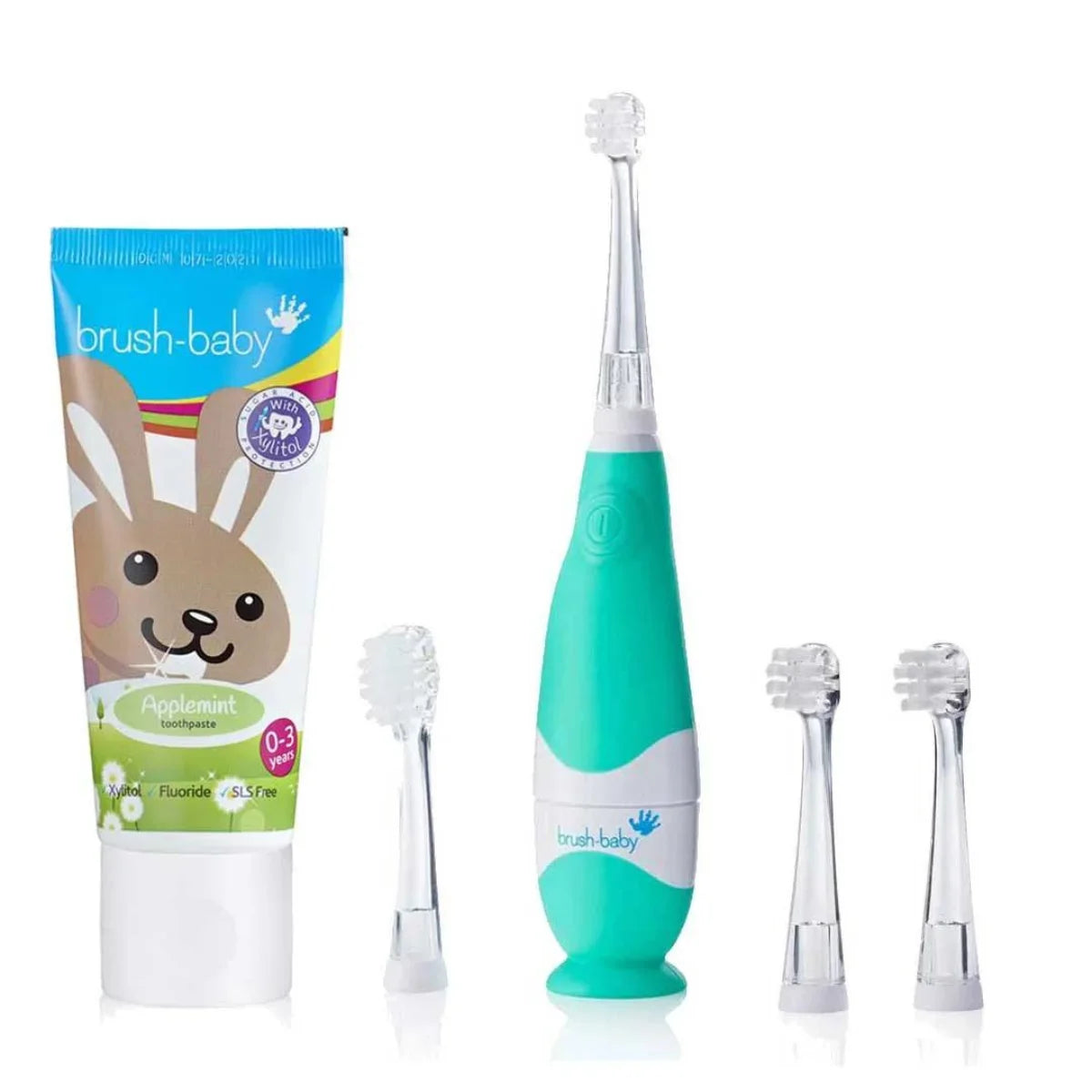 brushbaby teal Toddler smiles toothcare bundle  baby sonic electric toothbrush and applemint flavoured toothpaste for children 0-3 year olds