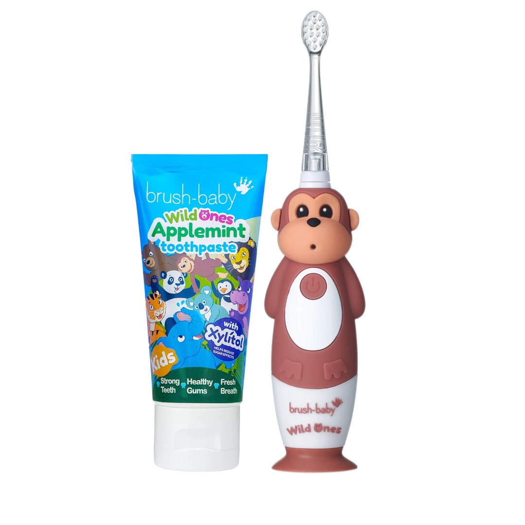 WildOnes™ Monkey Kids Electric Rechargeable Toothbrush and WildOnes Applemint Toothpaste set