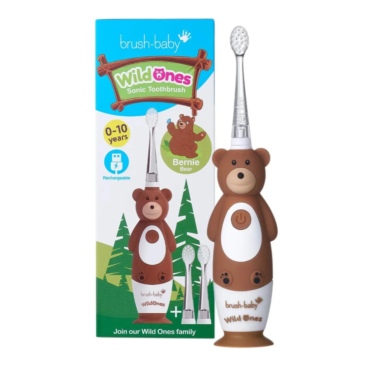 Brown and White Bernie Bear WildOnes kids sonic electric toothbrush in front of packaging for young children