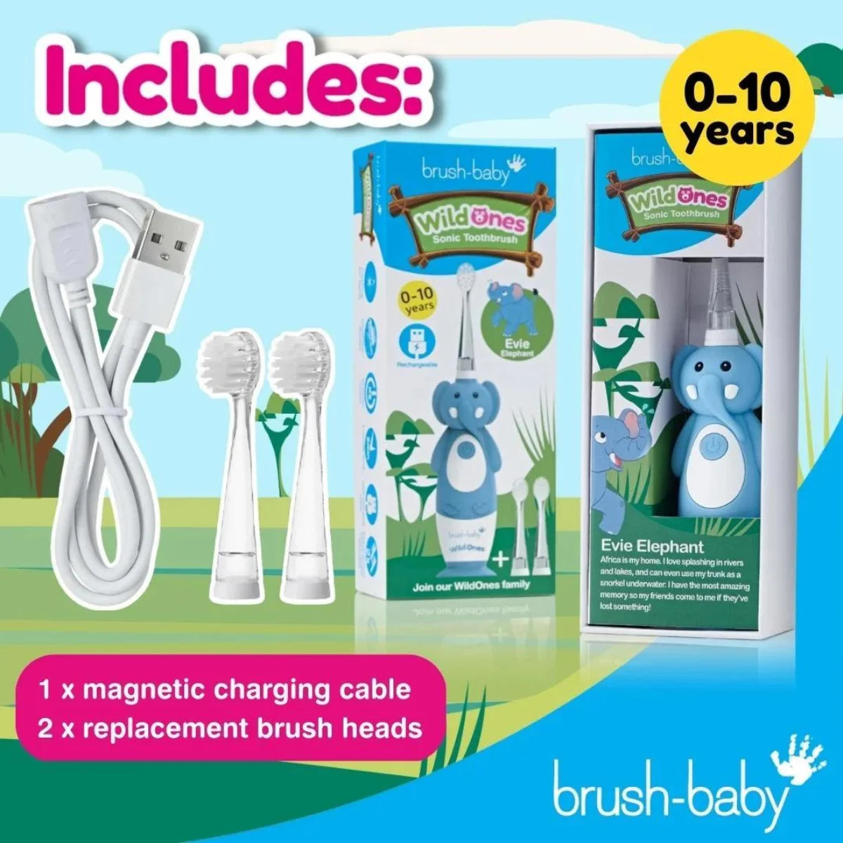 brushbaby WildOnes Elephant Kids Electric Rechargeable Toothbrush replacement heads