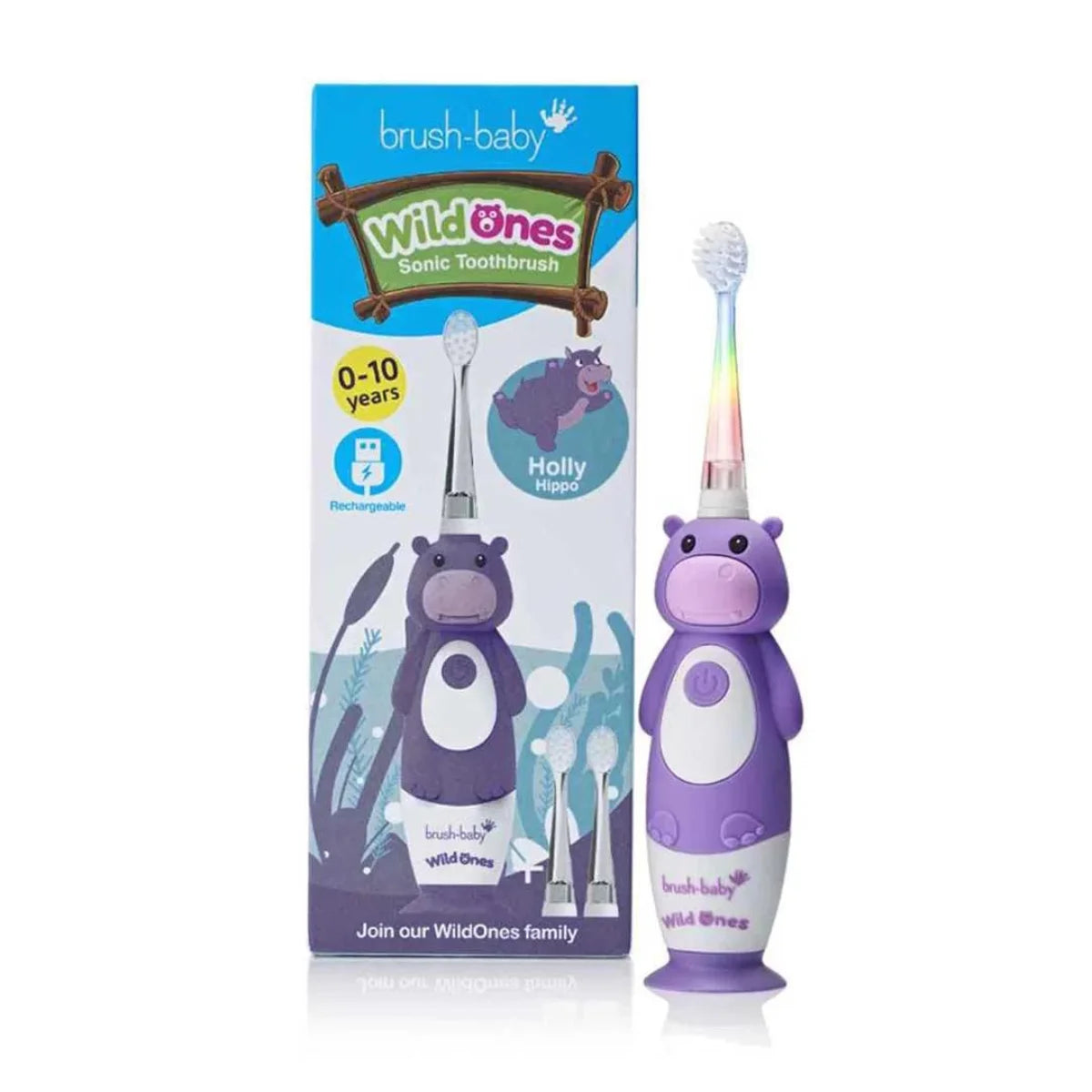 Purple and White Holly Hippo Kids Electric Rechargeable Toothbrush with flashing lights 