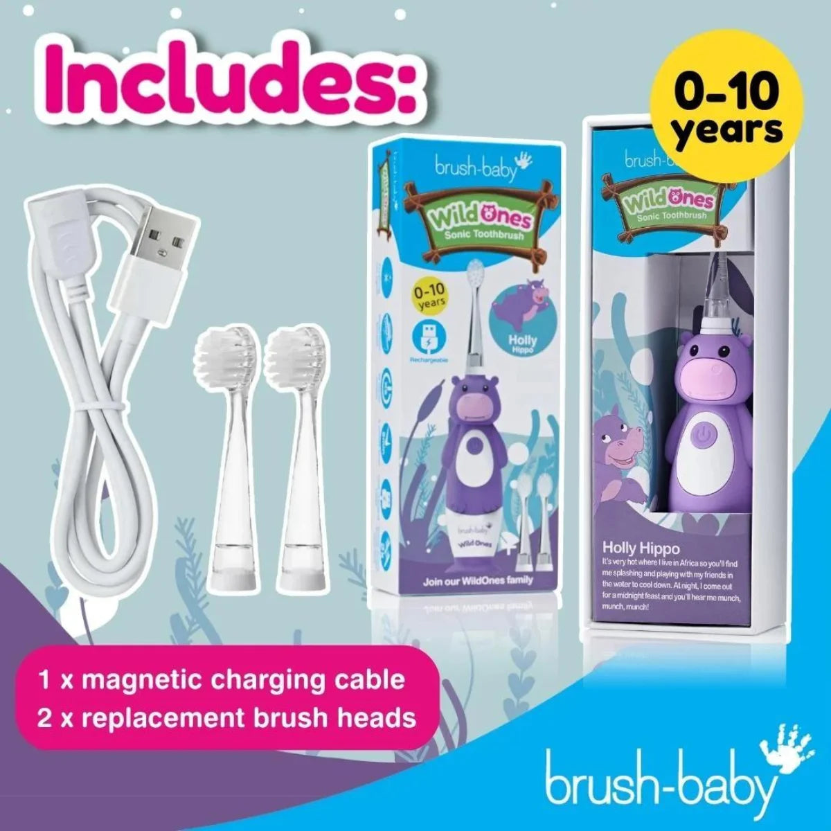 brush baby Kids Holly the Hippo Rechargeable WildOnes kids electric sonic toothbrush replacement heads in purple 