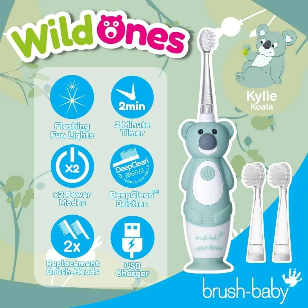 Brush Baby WildOnes Koala Kids Electric Rechargeable toothbrush for children's milk teeth timer