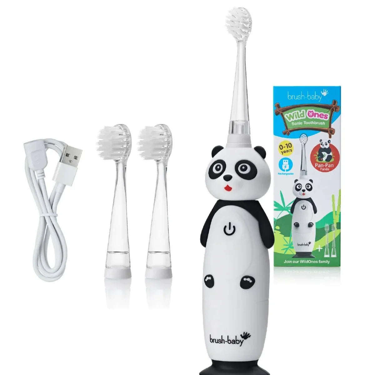 Brush-Baby Black and white WildOnes Pan Pan the Panda kids electric rechargeable toothbrush replacement brush heads and 2 metre usb charging cable