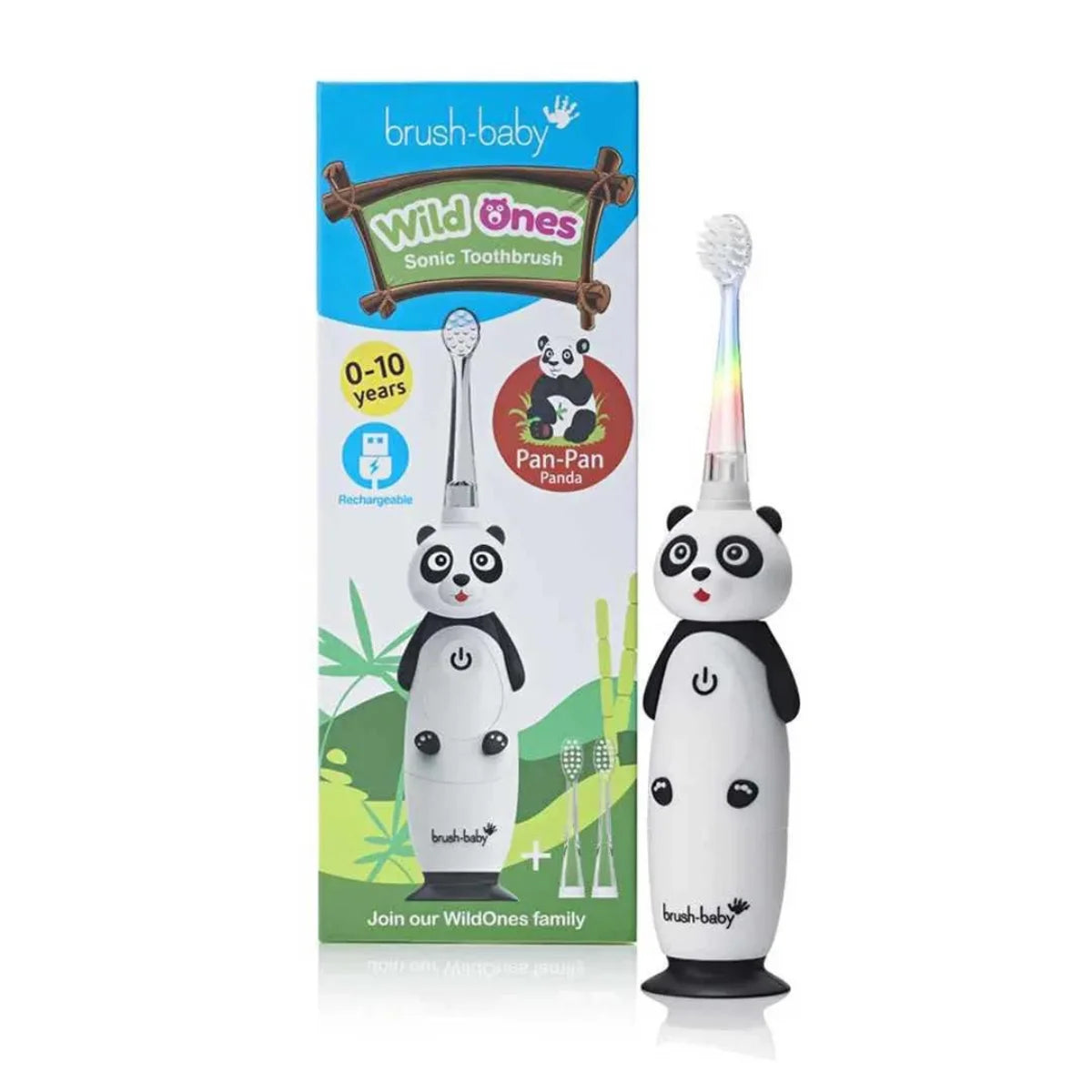 Black and White Pan Pan the Panda child Rechargeable electric toothbrush with flashing lights and replacement brush heads