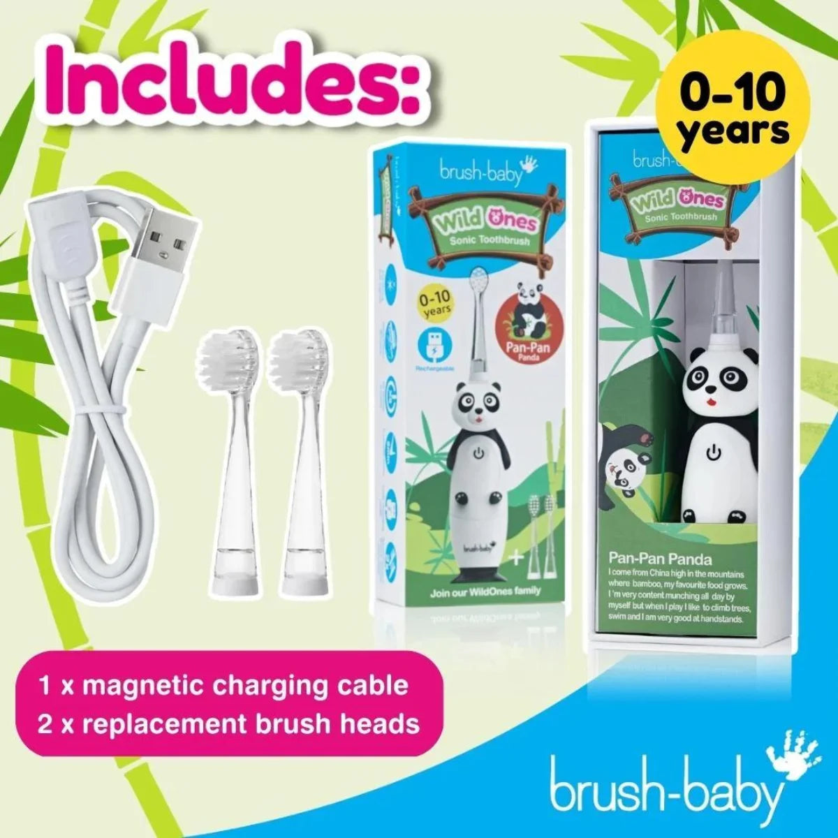 Brushbaby Panda WildOnes Kids electric rechargeable toothbrush for kids