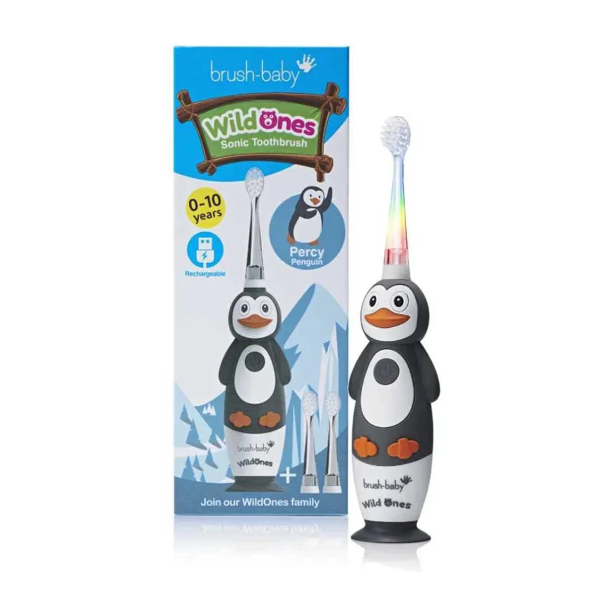 Grey, White and Orange Percy Penguin Brush Baby WildOnes Kids Electric Rechargeable Toothbrush