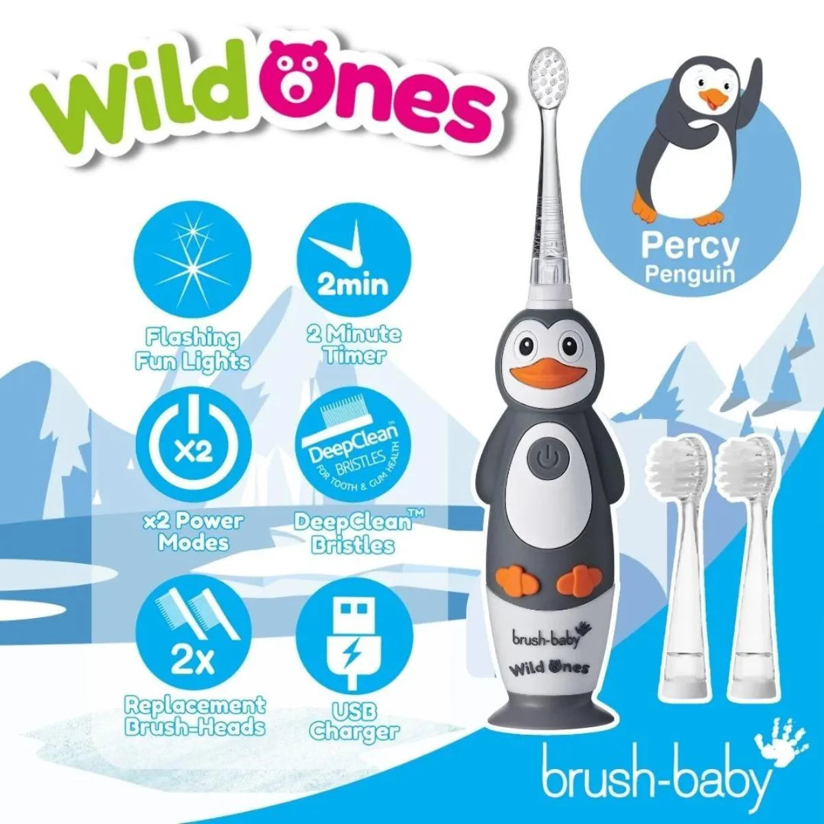 BrushBaby WildOnes Penguin Kids Electric Rechargeable Toothbrush