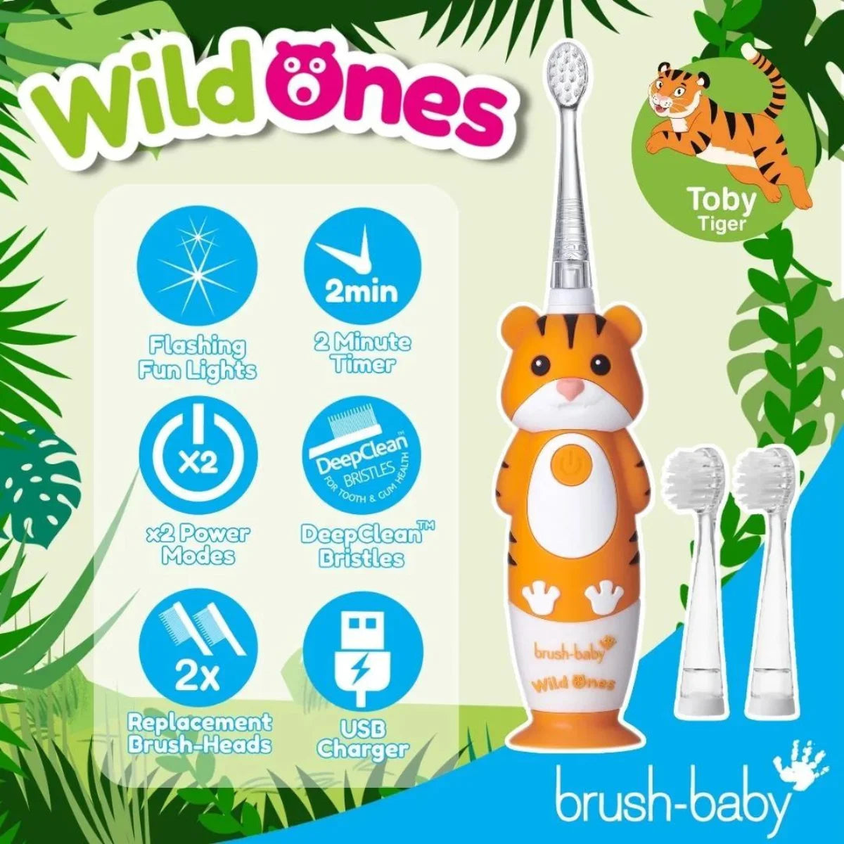 BrushBaby WildOnes Tiger Kids Sonic Rechargeable Toothbrush for toddlers