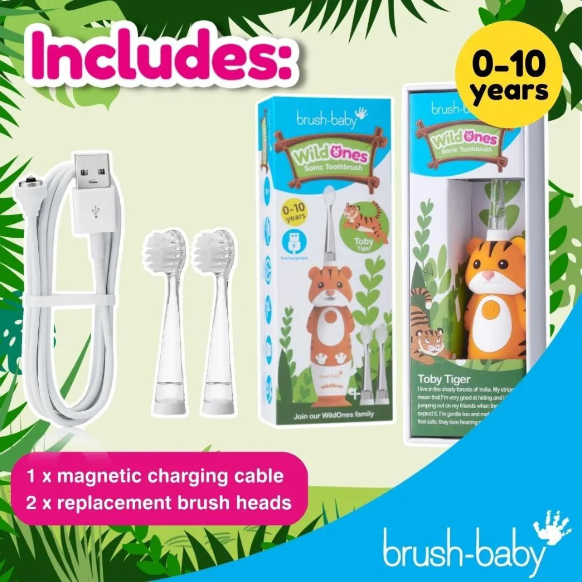 BrushBaby WildOnes Tiger childs Sonic Rechargeable Toothbrush
